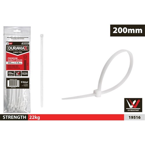 Cable Ties 4.8 x 200mm White Pk50